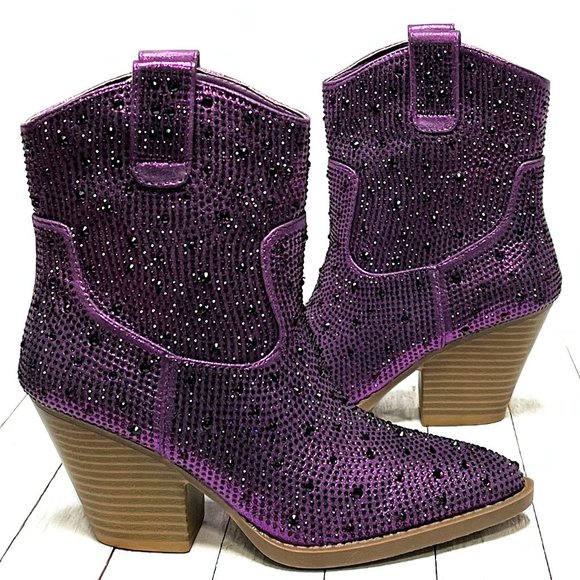 New Women Purple Rhinestone Blingy Cowboy Western Ankle Boots Booties - Picture 4 of 6